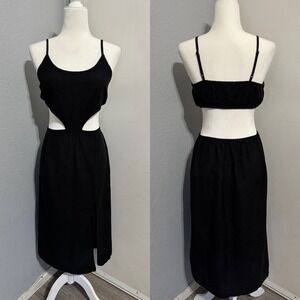 Boho Indulge Instyle Black Cut-Out Midi Dress Large with Front Slit Smocked Back